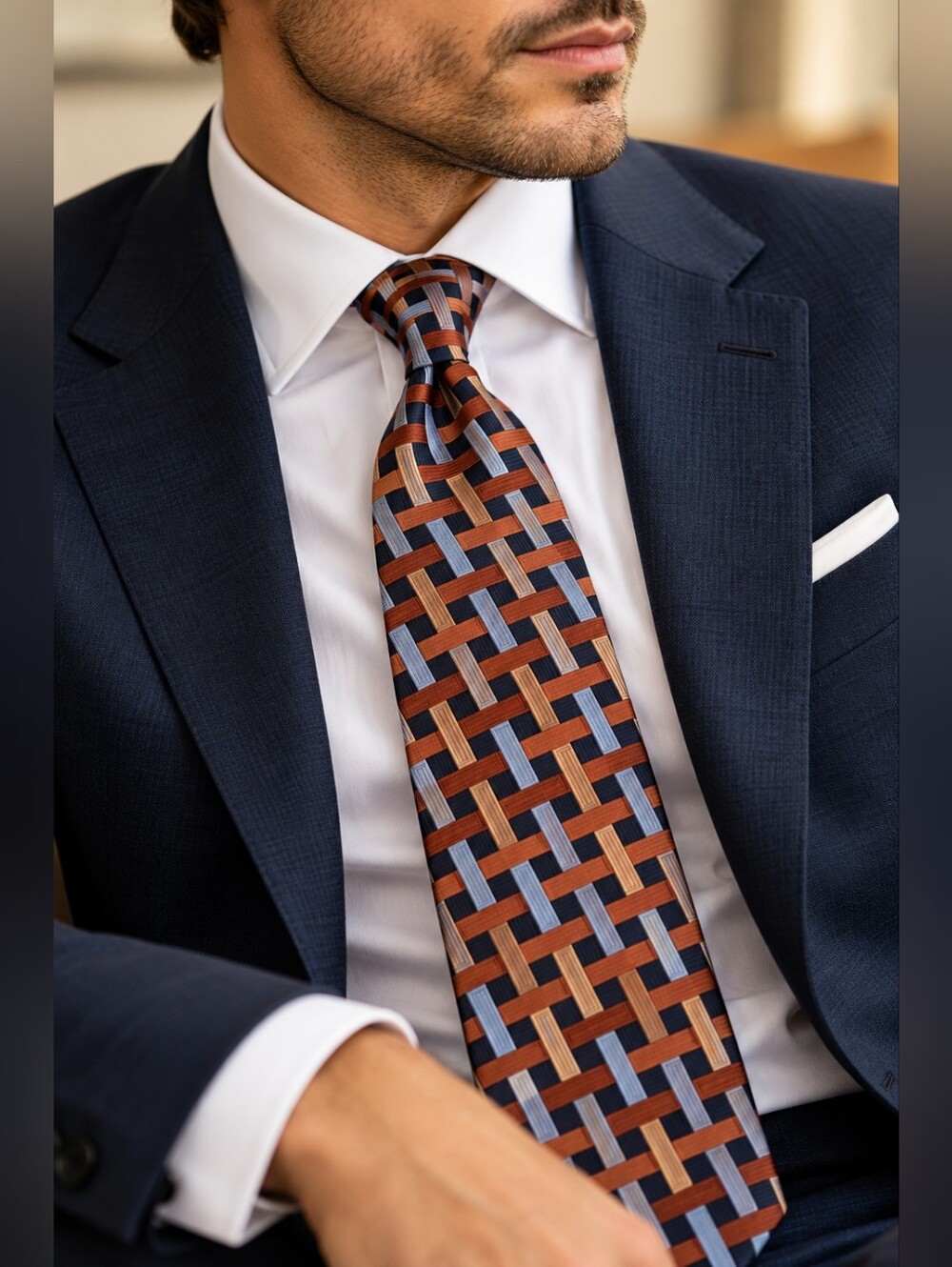 Lineage Men's Geometric Woven Tie Navy Rust Blue Basket Weave Necktie
